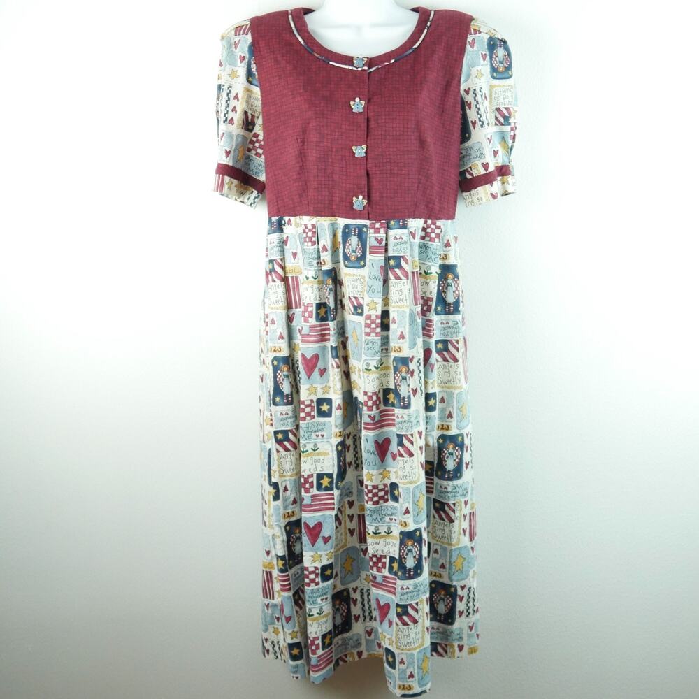Vintage Handmade 90s Dress Prairie Granny Novelty Cute Teacher M Midi Cottage